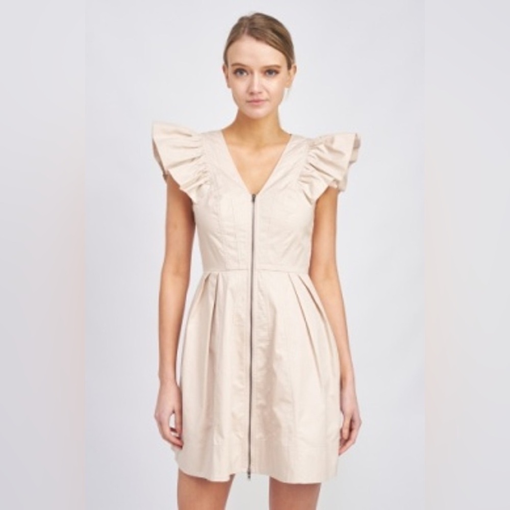 En Saison Leighton Ruffled Mini Dress in Stone Beige Size Small NWT - Picture 7 of 7